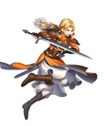 Rule 34 | 1girl, armor, belt, blonde hair, boots, brigid (fire emblem), brown footwear, eyvel, fire emblem, fire emblem: thracia 776, full body, gloves, highres, holding, holding sword, holding weapon, knee boots, long sleeves, nintendo, official art, pantyhose, solo, sword, transparent background, weapon, white pantyhose, yellow eyes