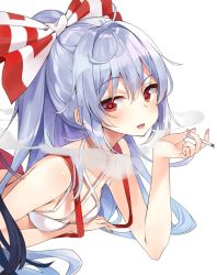 Rule 34 | 2girls, bare arms, bare shoulders, bikini, bikini top only, black hair, blush, bow, breasts, cigarette, collarbone, commentary request, criss-cross halter, fujiwara no mokou, hair between eyes, hair bow, halterneck, hand up, highres, holding, holding cigarette, houraisan kaguya, long hair, looking at viewer, lying, mirei, multiple girls, nail polish, on stomach, open mouth, out of frame, pants, pink nails, ponytail, red eyes, red pants, silver hair, simple background, small breasts, smile, smoke, smoking, suspenders, swimsuit, touhou, upper body, white background, white bikini, white bow
