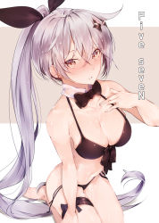 Rule 34 | 1girl, bad id, bad pixiv id, bare shoulders, bikini, black bikini, black bow, black bowtie, blush, bow, bowtie, breasts, brown eyes, character name, cleavage, collarbone, commentary, detached collar, eyes visible through hair, five-seven (cruise queen) (girls&#039; frontline), five-seven (girls&#039; frontline), from above, front-tie top, girls&#039; frontline, hair ornament, hair ribbon, hand on own chest, highres, hplay, leaning forward, long hair, looking at viewer, medium breasts, navel, official alternate costume, parted lips, ponytail, ribbon, seiza, silver hair, simple background, sitting, solo, star (symbol), swimsuit, thigh strap, very long hair