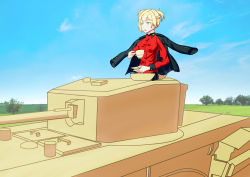 Rule 34 | 1girl, absurdres, blonde hair, breasts, churchill (tank), cloud, commentary request, cup, day, gilijim, girls&#039; frontline, girls und panzer, grass, green eyes, highres, long hair, military, military vehicle, motor vehicle, open mouth, sky, st. gloriana&#039;s military uniform, tank, teacup, tree, welrod mkii (girls&#039; frontline)