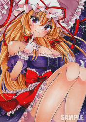 Rule 34 | 1girl, blonde hair, bow, breasts, cleavage, closed mouth, collarbone, dot nose, dress, eyelashes, finger to mouth, frilled bow, frilled dress, frills, gloves, hat, hat ribbon, highres, holding, holding umbrella, knees, large breasts, long hair, looking at viewer, maccha xxxxxx, marker (medium), mob cap, off-shoulder dress, off shoulder, parasol, puffy short sleeves, puffy sleeves, purple background, purple dress, purple eyes, red bow, red ribbon, ribbon, sample watermark, short sleeves, sidelocks, simple background, smile, solo, sparkle, thighs, touhou, traditional media, umbrella, watermark, white gloves, yakumo yukari
