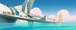 Rule 34 | aircraft, airplane, bird, blue sky, boat, cloud, commentary, cormorant, english commentary, highres, horizon, looking ahead, oar, original, overgrown, partially submerged, ruins, sail, sailboat, scenery, shorts, sky, sparkling water, spread wings, standing, tank top, very wide shot, water, watercraft, white tank top, wide shot, wreckage, xi zhang, yellow shorts