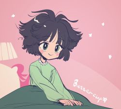 Rule 34 | 1girl, alphabet (alphabetnoon), black hair, blush, buttercup (ppg), buttercup redraw challenge (meme), character name, derivative work, green eyes, green pajamas, highres, lamp, long sleeves, looking at viewer, meme, messy hair, pajamas, pillow, pink background, powerpuff girls, reference inset, screenshot redraw, smile, solo, sparkle, under covers