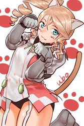Rule 34 | 10s, 1girl, :3, alisha diphda, animal ears, aqua eyes, armor, artist name, blush, brown hair, cat ears, cat tail, drill hair, garter straps, gauntlets, greaves, hair between eyes, long hair, looking at viewer, paw pose, paw print, side drill, solo, tail, tales of (series), tales of zestiria, ubo (ubo tales)