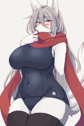 Rule 34 | 1girl, animal ears, animal nose, black thighhighs, blush, body fur, breasts, brown eyes, commentary request, copyright request, covered navel, furry, furry female, glasses, grey background, grey fur, grey hair, hair between eyes, large breasts, long hair, long scarf, looking at viewer, red scarf, saigi, scarf, simple background, snout, solo, standing, swimsuit, tail, thighhighs, wolf, wolf ears, wolf girl, wolf tail