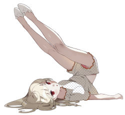 Rule 34 | 1girl, :o, blonde hair, blush, commentary request, legs up, long hair, looking at viewer, open mouth, original, pajamas, panties, pantyshot, red eyes, shio (s alt shio), simple background, solo, underwear, unmoving pattern, upshorts, white background, white footwear