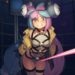 Rule 34 | 1girl, bare shoulders, bdsm, blue hair, bondage, bound, bow-shaped hair, cad (caddo), character hair ornament, creatures (company), game freak, hair ornament, highres, iono (pokemon), jacket, long hair, long sleeves, low-tied long hair, nintendo, pink hair, pokemon, pokemon sv, shibari, thighs, twintails, very long hair, yellow jacket