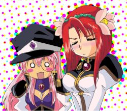 Rule 34 | 2girls, blush, cosplay, costume switch, embarrassed, flower, forte stollen, forte stollen (cosplay), galaxy angel, hat, long hair, lowres, milfeulle sakuraba, milfeulle sakuraba (cosplay), monocle, multiple girls, non-web source, pink hair, red hair, short hair
