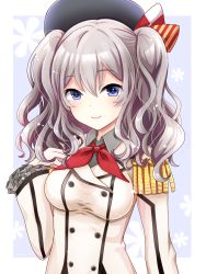 Rule 34 | 10s, 1girl, bad id, bad pixiv id, beret, blue eyes, blue moment, breasts, epaulettes, frilled sleeves, frills, gloves, grey eyes, hat, highres, kantai collection, kashima (kancolle), long hair, looking at viewer, military, military uniform, silver hair, smile, solo, uniform, white gloves