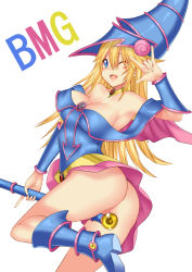 Rule 34 | 1girl, \m/, ass, bad id, bad pixiv id, blonde hair, blue eyes, blue footwear, blush stickers, boots, breasts, character name, cleavage, daive, dark magician girl, duel monster, duplicate, fang, hat, highres, long hair, nipples, no panties, nude, one eye closed, pentacle, pentagram, scepter, simple background, solo, wand, wink, wizard hat, yu-gi-oh!, yu-gi-oh! duel monsters