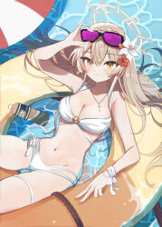 Rule 34 | 1girl, bikini, blue archive, blush, bottle, breasts, cleavage, closed mouth, commentary, cross, cross necklace, eyewear on head, flower, groin, hair between eyes, hair flower, hair ornament, halo, innertube, jewelry, light brown hair, long hair, looking at viewer, medium breasts, nagisa (blue archive), navel, necklace, o-ring, o-ring bikini, partially submerged, red flower, shadowsinking, smile, solo, sunglasses, swim ring, swimsuit, water, white bikini, white flower, yellow eyes, yellow halo