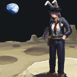 Rule 34 | 1girl, alternate costume, animal ears, belt, blue jacket, blue pants, chanta (ayatakaoisii), collared shirt, crater, earth (planet), extra ears, hands on own hips, hat, highres, holster, jacket, long sleeves, looking down, loose necktie, moon, necktie, pants, planet, purple hair, rabbit ears, red eyes, red necktie, reisen udongein inaba, sheriff, sheriff badge, shirt, solo, space, standing, touhou, white shirt, wind