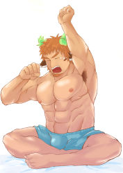 Rule 34 | 1boy, abs, animal ears, armpit hair, armpits, bara, blue male underwear, boxers, brown hair, bulge, cow boy, cow ears, cow horns, facial hair, fiery horns, forked eyebrows, full body, glowing horns, goatee, highres, horns, large pectorals, crossed legs, male focus, male underwear, muscular, muscular male, nipples, pectorals, short hair, solo, spiked hair, stomach, stretching, tatatan (ts kon2), tearing up, thick eyebrows, tokyo houkago summoners, topless male, underwear, underwear only, wakan tanka, white background, yawning