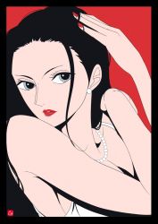 Rule 34 | 1girl, bead necklace, beads, black hair, blue eyes, breasts, cleavage, earrings, female focus, jewelry, lipstick, long hair, makeup, nail polish, necklace, nico robin, one piece, piercing, red lips, red nails, simple background, solo, upper body