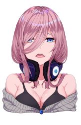 Rule 34 | 1girl, bare shoulders, black bra, blue eyes, blush, bra, breasts, cleavage, collarbone, commentary request, cropped torso, frown, gem, go-toubun no hanayome, grey sweater, hair between eyes, headphones, headphones around neck, highres, lanzero, long hair, looking at viewer, medium breasts, nakano miku, off-shoulder, off-shoulder sweater, off shoulder, open mouth, purple hair, blue gemstone, simple background, solo, sweater, teeth, underwear, upper body, upper teeth only, white background