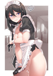 Rule 34 | 1girl, apron, apron tug, artist name, black choker, black gloves, black hair, black shirt, blue eyes, blurry, blurry background, blush, border, bottomless, breasts, breasts out, censored, choker, cleavage, collarbone, covering privates, covering breasts, cowboy shot, embarrassed, frilled apron, frilled shirt, frills, glasses, gloves, grin, hair between eyes, hair ornament, hair scrunchie, half gloves, heart, heart censor, highres, indoors, jjune, large breasts, long hair, looking at viewer, maid, maid headdress, nose blush, original, outside border, ponytail, puffy short sleeves, puffy sleeves, pussy, rimless eyewear, scrunchie, shirt, short sleeves, sidelocks, smile, solo, speech bubble, spoken blush, standing, sweat, waist apron, white apron, white border, white scrunchie, wrist cuffs
