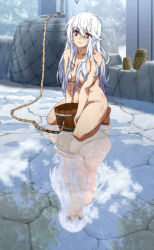 Rule 34 | 10s, 1girl, blush, breasts, bucket, convenient censoring, eleonora viltaria, kneeling, large breasts, long hair, madan no ou to vanadis, nude, red eyes, reflection, silver hair, solo, wet