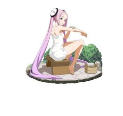 Rule 34 | 1girl, absurdly long hair, barefoot, breasts, from side, full body, hair ornament, long hair, looking at viewer, naked towel, pink hair, purple eyes, simple background, sitting, small breasts, solo, sword art online, sword art online the movie: ordinal scale, towel, twintails, very long hair, water, wet, white background, white towel, yuna (sao)