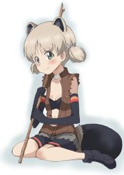 Rule 34 | 10s, 1girl, aki (girls und panzer), american beaver (kemono friends), american beaver (kemono friends) (cosplay), animal ears, anklet, beaver ears, beaver tail, bike shorts, bikini, bikini top only, black bikini, black footwear, black gloves, black shorts, breasts, brown jacket, cleavage, closed mouth, commentary, cosplay, elbow gloves, full body, fur collar, girls und panzer, gloves, green eyes, hair tie, holding, jacket, jewelry, kayabakoro, kemono friends, light brown hair, looking at viewer, navel, open clothes, open jacket, short hair, short twintails, shorts, sitting, sleeveless, sleeveless jacket, small breasts, smile, solo, stick, swimsuit, tail, torn clothes, torn sleeves, twintails
