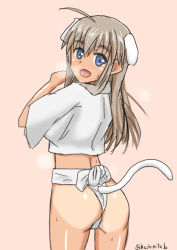 Rule 34 | 1girl, :d, ahoge, animal ears, ass, blue eyes, blush, cat ears, cat tail, from behind, fundoshi, hachimitsu-b, japanese clothes, light brown hair, long hair, looking back, mizu happi, open mouth, pink background, simple background, smile, solo, strike witches, strike witches: katayoku no majo-tachi, sweatdrop, tail, tan, tanline, twitter username, wilma bishop, world witches series
