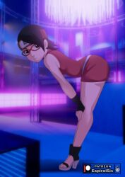 Rule 34 | 1girl, artist logo, artist name, bare legs, bare shoulders, bent over, black eyes, black gloves, black hair, boruto: naruto next generations, closed mouth, dress, espiralsix, female focus, fingerless gloves, forehead protector, from side, full body, glasses, gloves, hands on own knees, headband, high heels, highres, konohagakure symbol, leaning forward, looking at viewer, microdress, naruto (series), paid reward available, patreon logo, red-framed eyewear, red dress, red headband, short hair, sleeveless, sleeveless dress, solo, standing, swept bangs, thighs, toes, uchiha sarada, white footwear