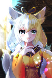 Rule 34 | 1girl, absurdres, animal ears, blonde hair, blouse, blush, breasts, commentary request, finger to mouth, fukkurinko, goou yoshimitsu, hair flaps, hairband, highres, indoors, long fingers, long hair, looking at viewer, multicolored hair, open mouth, shirt, silver hair, smile, solo, tagme, tail, tenka hyakken, thick eyebrows, wide sleeves, yellow shirt
