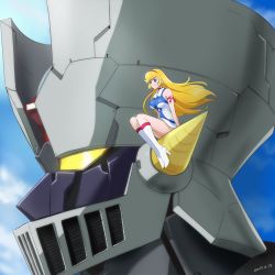 Rule 34 | 10s, 1girl, anime coloring, blonde hair, blue sky, boots, breasts, company connection, creator connection, cutie honey, cutie honey universe, dated, day, dress, hairband, haruyama kazunori, impossible clothes, impossible dress, kisaragi honey, long hair, mazinger (series), mazinger z, mazinger z: infinity, mazinger z (mecha), mecha, robot, sitting, sky, super robot, thigh boots, thighhighs, toei animation, white footwear