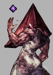 Rule 34 | 1boy, ass, azaya (kuroi azaya), bare arms, blood, blood on clothes, blood on hands, blood splatter, commentary request, dead by daylight, facing ahead, from behind, gameplay mechanics, gloves, grey background, impaled, injury, male focus, monster boy, muscular, muscular male, object head, pyramid head, silent hill (series), silent hill 2, simple background, solo, veins, veiny arms