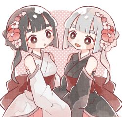 Rule 34 | 2girls, :o, asymmetrical hair, black eyes, black hair, blunt bangs, blush, detached sleeves, flower, grey hair, hair flower, hair ornament, highres, japanese clothes, kimono, long sleeves, multiple girls, nada namie, one side up, open mouth, original, sash, signature, simple background, two-tone background, wide sleeves