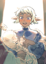 Rule 34 | 2boys, affectionate, aged down, baby, baby carry, blue jacket, blush, carrying, child, dark-skinned male, dark skin, delgal (dungeon meshi), dungeon meshi, elf, happy, holding another&#039;s finger, jacket, long sleeves, looking at another, multiple boys, open mouth, out of frame, pointy ears, purple eyes, short hair, sidelocks, thistle (dungeon meshi), upper body, white hair, yasei no master