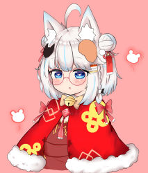 Rule 34 | 1girl, ahoge, animal ear fluff, animal ears, bailingxiao jiu, bell, black bow, blue eyes, blue hair, blush, bow, braid, brown bow, brown dress, capelet, chestnut mouth, cropped torso, double bun, dress, fox ears, fox hair ornament, fur-trimmed capelet, fur trim, glasses, hair ribbon, heart, heart-shaped pupils, highres, jingle bell, mouse hair ornament, multicolored hair, original, parted lips, pink background, red-framed eyewear, red bow, red capelet, red ribbon, ribbon, round eyewear, silver hair, simple background, solo, streaked hair, symbol-shaped pupils, teeth, upper body, upper teeth only