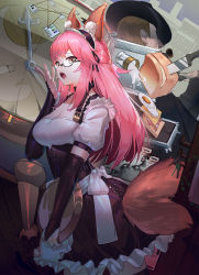 Rule 34 | 1boy, 1girl, alternate costume, animal ears, black headwear, breasts, cleavage, commentary request, dress, egg, enmaided, fate/grand order, fate (series), fox ears, fox tail, glasses, highres, holding, knife, large breasts, long hair, luomo, maid, milk, nail polish, open mouth, pink hair, pink nails, puffy short sleeves, puffy sleeves, red eyes, short hair, short sleeves, solo focus, tail, tamamo (fate), tamamo no mae (fate/extra)