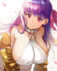 Rule 34 | 1girl, bare shoulders, bent over, blush, breasts, claw (weapon), closed mouth, collar, collarbone, colored eyelashes, fate/grand order, fate (series), foreshortening, hair ribbon, halterneck, hanging breasts, head tilt, huge breasts, long hair, looking at viewer, motion blur, nishizawa, o-ring, o-ring top, passionlip (fate), passionlip (third ascension) (fate), petals, purple hair, ribbon, simple background, smile, solo, standing, tareme, thighhighs, weapon, white background