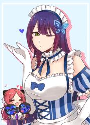 Rule 34 | 2girls, :d, = =, apron, assault lily, blowing kiss, blue background, blue bow, blue dress, blue ribbon, blue sailor collar, blunt bangs, blush, bow, braid, breasts, butterfly hair ornament, chibi, chibi inset, cleavage, closed eyes, closed mouth, collar, commentary, cross-laced clothes, cross-laced dress, detached sleeves, dress, dress bow, drop shadow, elbow gloves, framed, frilled apron, frilled collar, frilled dress, frilled sleeves, frills, funada kiito, gloves, gradient hair, green eyes, hair ornament, hairpods, hand fan, hand up, hands up, heart, holding, holding fan, large breasts, long hair, long sleeves, looking at viewer, maid headdress, mole, mole under eye, multicolored hair, multiple girls, neck ribbon, neckerchief, nigari (ngari 0115), notice lines, odaiba girls high school uniform, official alternate costume, one eye closed, open mouth, outside border, parted bangs, puffy detached sleeves, puffy short sleeves, puffy sleeves, purple hair, purple neckerchief, red hair, ribbon, sailor collar, school uniform, shiba tomoshibi, shirt, short sleeves, side braid, simple background, single braid, sleeveless, sleeveless dress, smile, striped clothes, striped dress, translated, two-tone dress, two-tone hair, upper body, vertical-striped clothes, vertical-striped dress, very long hair, waist apron, waitress, white apron, white collar, white dress, white gloves, white shirt