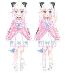 Rule 34 | 1girl, :d, absurdres, animal ears, asymmetrical footwear, bandaid, bandaid on cheek, bandaid on face, bell, black collar, blue bow, blue eyes, blue footwear, blue neckerchief, blush, bow, brown eyes, cat ears, cat girl, cat tail, collar, commentary request, dress, fang, hair between eyes, hair ornament, hairclip, heterochromia, highres, jacket, jingle bell, liang feng qui ye, long sleeves, loose socks, mismatched footwear, multiple views, neck bell, neckerchief, one side up, open mouth, original, pink jacket, pink sailor collar, pleated dress, ponytail, sailor collar, sailor dress, shoes, simple background, sleeves past wrists, smile, socks, tail, white background, white dress, white footwear, white legwear
