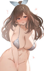 Rule 34 | 1girl, bikini, bikini top only, blue scarf, blush, bottomless, breasts, brown eyes, brown hair, cleavage, collarbone, commentary, covering crotch, covering privates, grey bikini, groin, hair scarf, heart, highres, huge breasts, idolmaster, idolmaster shiny colors, karan, long hair, looking down, navel, open mouth, pubic hair, pubic hair peek, scarf, simple background, solo, stomach, sweat, swimsuit, thighs, tsukioka kogane, white background