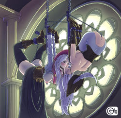 Rule 34 | 2girls, anal, anal hook, anal object insertion, ass, bdsm, bloodborne, bondage, boots, bound, bound arms, bound legs, breasts, corset, dress, from software, gag, gagged, gloves, guaky, hat, highres, lady maria of the astral clocktower, multiple girls, nipple piercing, object insertion, piercing, plain doll, predicament bondage, suspension, thighhighs, upside-down, white hair, yuri