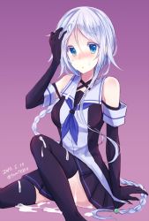 Rule 34 | 10s, 1girl, :o, arm at side, artist name, asymmetrical hair, black gloves, black skirt, black thighhighs, blue eyes, blue neckerchief, blush, braid, breasts, colored eyelashes, convenient leg, dated, elbow gloves, gloves, hand on own head, kabocha torute, kantai collection, knee up, long hair, medium breasts, miniskirt, neckerchief, nose blush, open mouth, pleated skirt, purple background, sailor collar, silver hair, simple background, single braid, sitting, skirt, sleeveless, solo, suggestive fluid, sweat, tareme, thighhighs, twitter username, umikaze (kancolle), very long hair, zettai ryouiki
