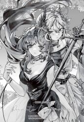 Rule 34 | 2girls, absurdres, armor, artist request, bare arms, breasts, cleavage, commission, crescent, crescent hair ornament, dress, druvis iii, floating hair, gauntlets, greyscale, hair ornament, hand on another&#039;s hip, hand up, highres, holding, holding sword, holding weapon, laurel crown, leaf, leaf hair ornament, lilya (reverse:1999), lilya (the art of destreza) (reverse:1999), long hair, long sword, looking at viewer, medium breasts, monochrome, multiple girls, reverse:1999, second-party source, sleeveless, sleeveless dress, sword, upper body, weapon
