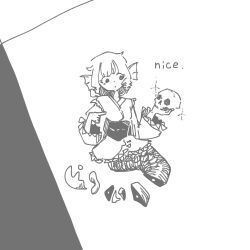 Rule 34 | 1girl, 3ma can omochi, closed mouth, commentary, cross-section, dot mouth, english text, fins, full body, hands up, head fins, head tilt, highres, holding, holding skull, japanese clothes, kimono, long sleeves, looking at object, looking to the side, mermaid, monster girl, obi, pointing, ringlets, sash, severed tail, short hair, short kimono, sidelocks, sideways glance, skull, solo, sparkle, symbol-only commentary, touhou, two-tone background, wakasagihime, wide sleeves