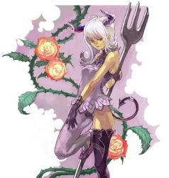 Rule 34 | ahoge, bare shoulders, demon girl, demon tail, flower, fork, gloves, kima, oversized object, red eyes, rose, solo, tail, thighhighs, thorns, white hair, zettai ryouiki