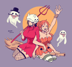 2girls ^_^ black_hair bracelet broom broom_riding circle closed_eyes commentary_request dated dress earrings fishnet_thighhighs fishnets ghost hat hatch_(8cco) holding_trident jewelry long_hair long_sleeves looking_at_viewer multiple_girls nami_(one_piece) nico_robin one_piece open_mouth orange_background orange_dress orange_hair pearl_earrings ponytail purple_background sidelocks smile striped_clothes striped_thighhighs sweater sweater_dress thighhighs tongue tongue_out