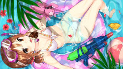 Rule 34 | 1girl, absurdres, bad id, bad pixiv id, barefoot, bikini, breasts, brown eyes, brown hair, cleavage, collarbone, eyewear on head, flower, food, from above, front-tie bikini top, front-tie top, hibiscus, highres, holding, holding food, ice cream, innertube, looking at viewer, looking up, navel, open mouth, original, partially submerged, pomu (joynet), red flower, short hair, side-tie bikini bottom, small breasts, solo, swim ring, swimsuit, tongue, tongue out, water, water gun