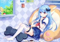 Rule 34 | 1girl, ahoge, bike shorts, black ribbon, black shorts, blue hair, blue sailor collar, blue skirt, character doll, choker, closed mouth, coffee, commentary request, copyright request, creatures (company), cup, gambier bay (kancolle), game freak, hair between eyes, hair ribbon, hand up, indoors, kantai collection, long hair, looking away, neckerchief, nintendo, no shoes, official art, on bed, pleated skirt, poke ball, poke ball (basic), pokemon, poppy (poppykakaka), puffy short sleeves, puffy sleeves, red choker, red eyes, red neckerchief, ribbon, sailor collar, school uniform, serafuku, shirt, short shorts, short sleeves, shorts, skirt, solo, spoon, thighhighs, tray, very long hair, white shirt, white thighhighs, window