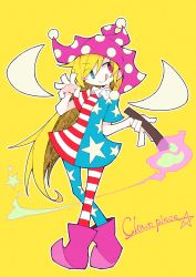 Rule 34 | 1girl, :p, american flag dress, american flag legwear, asameshi, blonde hair, blue eyes, boots, character name, closed mouth, clownpiece, collared dress, commentary, dress, fairy wings, fire, frilled shirt collar, frills, full body, hand up, hat, heterochromia, highres, holding, holding torch, jester cap, long hair, pantyhose, polka dot headwear, purple fire, purple footwear, purple hat, red eyes, short sleeves, simple background, smile, solo, star (symbol), tongue, tongue out, torch, touhou, very long hair, wings, yellow background