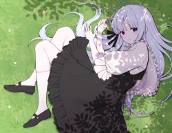Rule 34 | 1girl, closed mouth, curled up, dress, fetal position, flower, frilled dress, frills, from above, full body, grass, hair ribbon, holding, holding flower, long hair, looking at viewer, lying, mary janes, mono (mono zzz), on side, original, puffy short sleeves, puffy sleeves, purple eyes, ribbon, shoes, short sleeves, silver hair, socks, solo