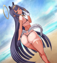 Rule 34 | 1girl, ass, beach, bikini, butt crack, cup, disposable cup, dutch angle, flat chest, gloves, halo, highres, holding, holding cup, hololive, hololive english, jadf, long hair, looking at viewer, looking back, low wings, ninomae ina&#039;nis, o-ring, o-ring bikini, purple hair, solo, standing, swimsuit, tan, tanline, thighs, thong bikini, twisted torso, very long hair, virtual youtuber, wings