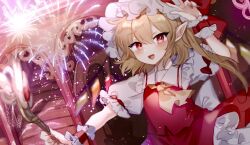 Rule 34 | 1girl, ascot, blonde hair, dress, fireworks, flandre scarlet, frills, hand up, hat, highres, holding, holding staff, medium hair, mob cap, open mouth, puffy short sleeves, puffy sleeves, red dress, red eyes, short sleeves, side ponytail, solo, sorani (kaeru0768), staff, touhou, upper body, wrist cuffs, yellow ascot