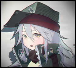 Rule 34 | 1girl, black border, blurry, blurry background, blurry foreground, border, chromatic aberration, coat, crying, d:, depth of field, g11 (girls&#039; frontline), girls&#039; frontline, green coat, grey eyes, grey hair, hat, high collar, highres, looking at viewer, multicolored eyes, open mouth, solo, tears, waterkuma, yellow eyes