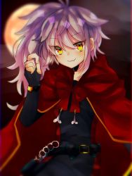 Rule 34 | 1girl, ahoge, arne no jikenbo, belt, blurry, blurry background, cape, commentary, fang, fingerless gloves, full moon, gloves, highres, kaitou akazukin, long hair, looking at viewer, mizol, moon, night, ponytail, red cape, silver hair, skin fang, smile, solo, upper body
